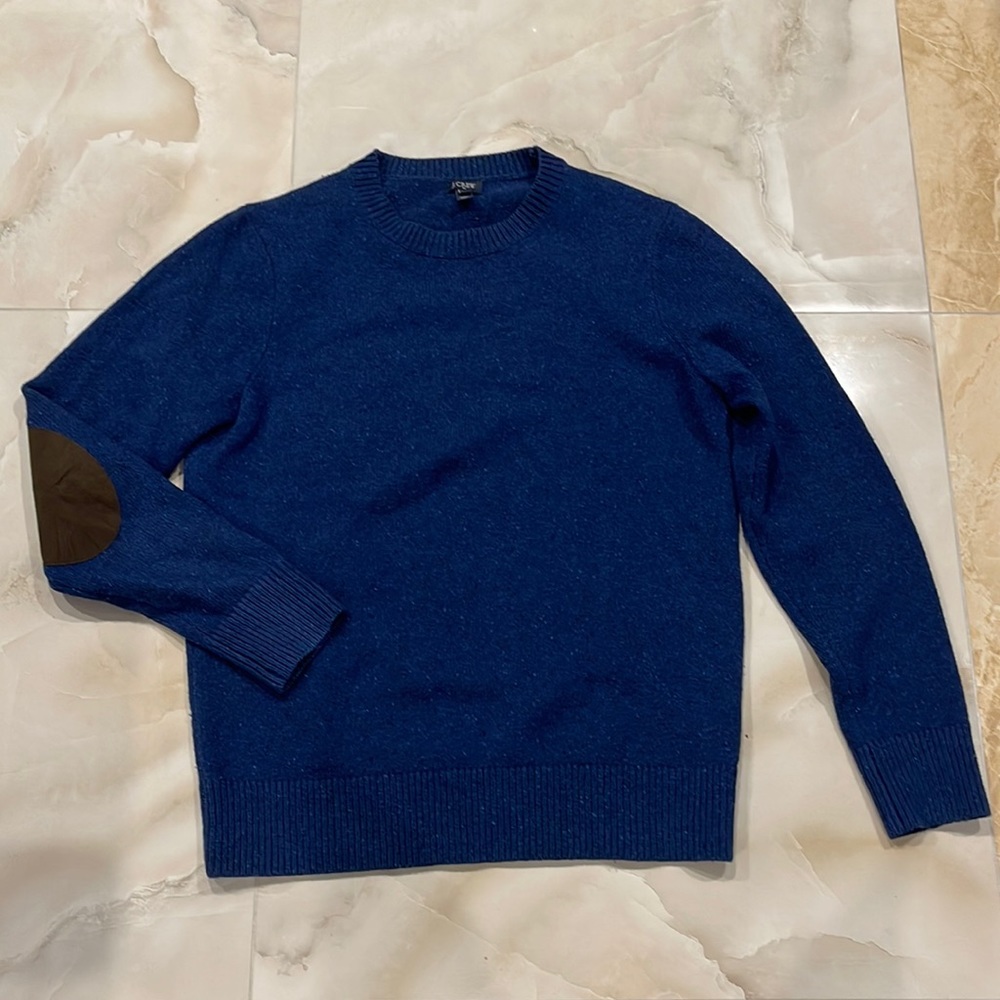J. Crew - Blue Faux Leather Elbow Patch Wool Blend Sweater